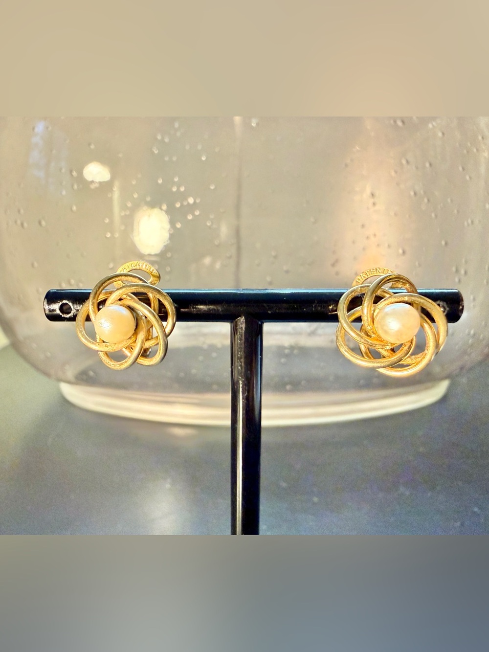 Vintage Gold Tone Abstract Swirl Faux Pearl Clip On Earrings